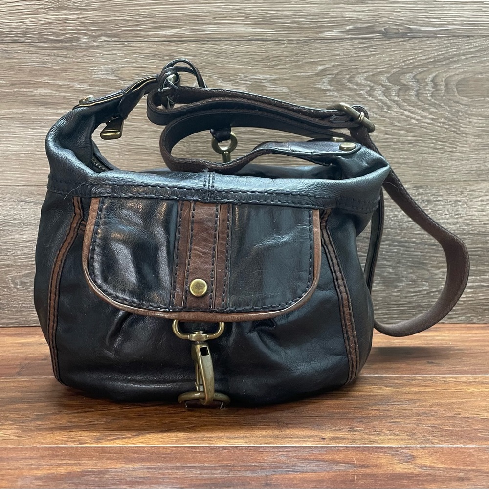 Vintage Fossil Black & Brown Leather Crossbody Bag w/ Adjustable Strap